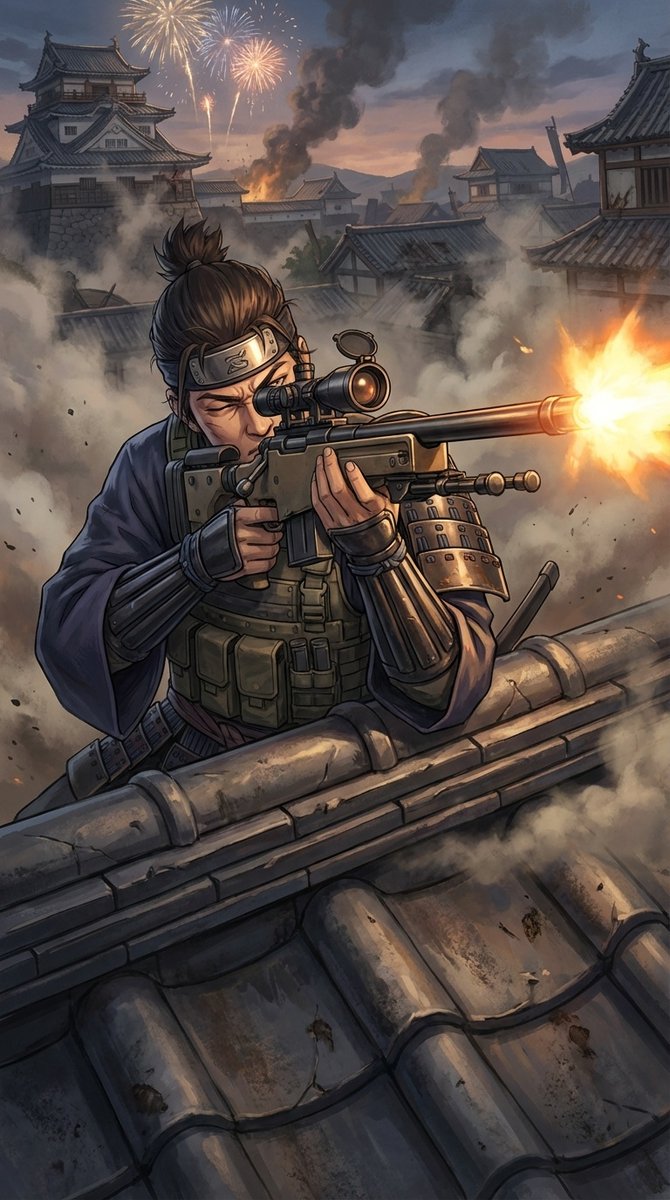 AI Prompt for Anime Battle Scene: Samurai Sniper on Castle Rooftop at Night
