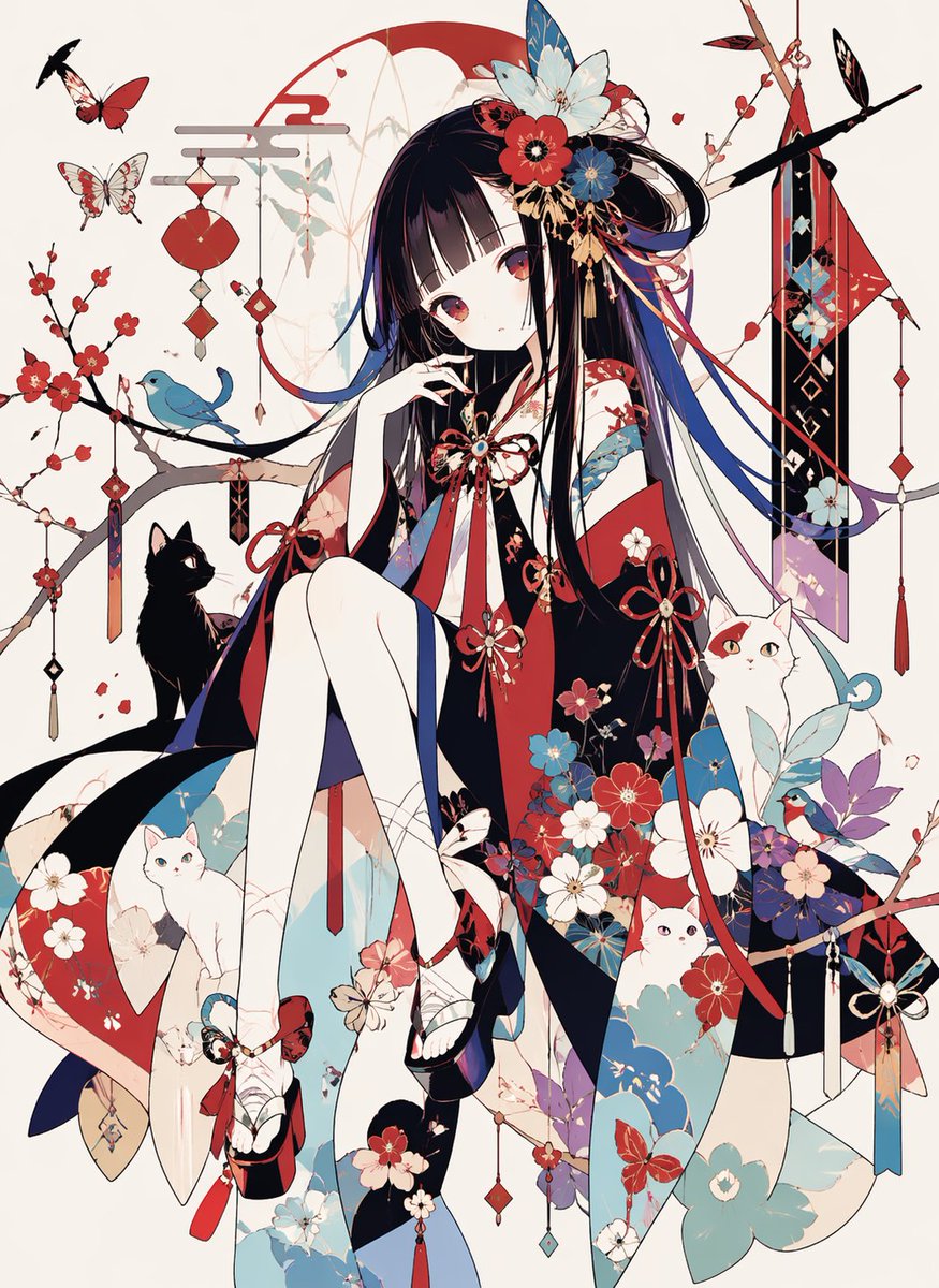AI Prompt for Anime Character Generators: Elegant Kimono Girl with Cats