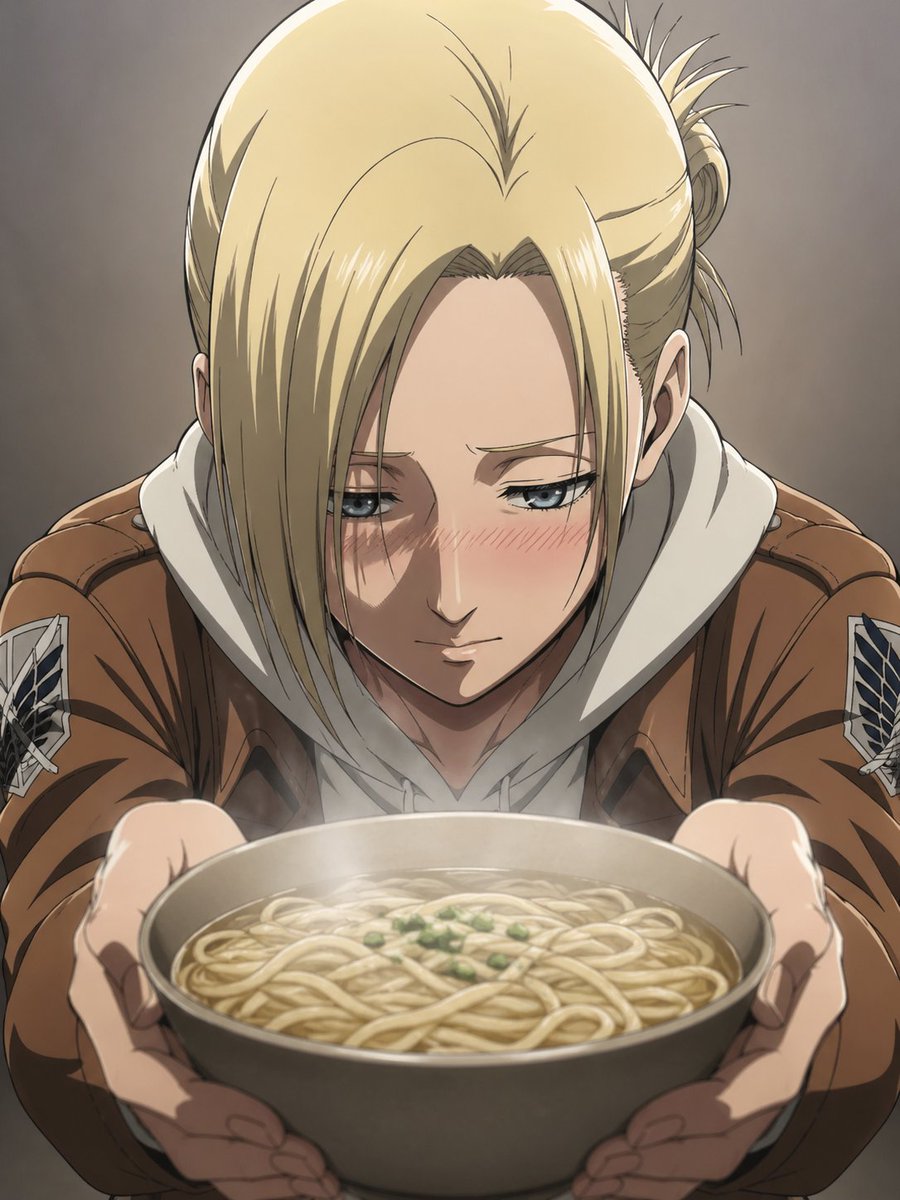 AI Prompt for Anime Character Handing Noodles in a Detailed, Attack on Titan Style Illustration