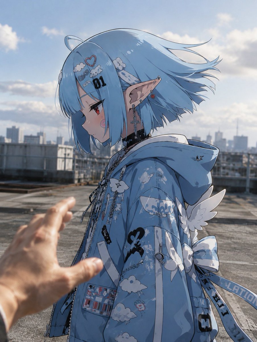 AI Prompt for Anime Character in Realistic Rooftop Scene with Touching Hand