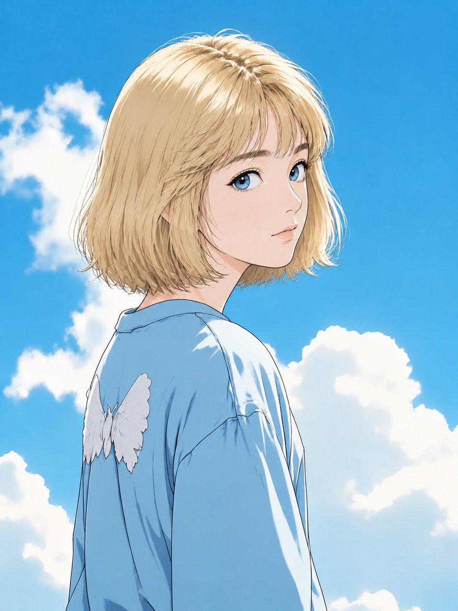 AI Prompt for Anime Character Portrait in Blue Shirt Under Blue Sky