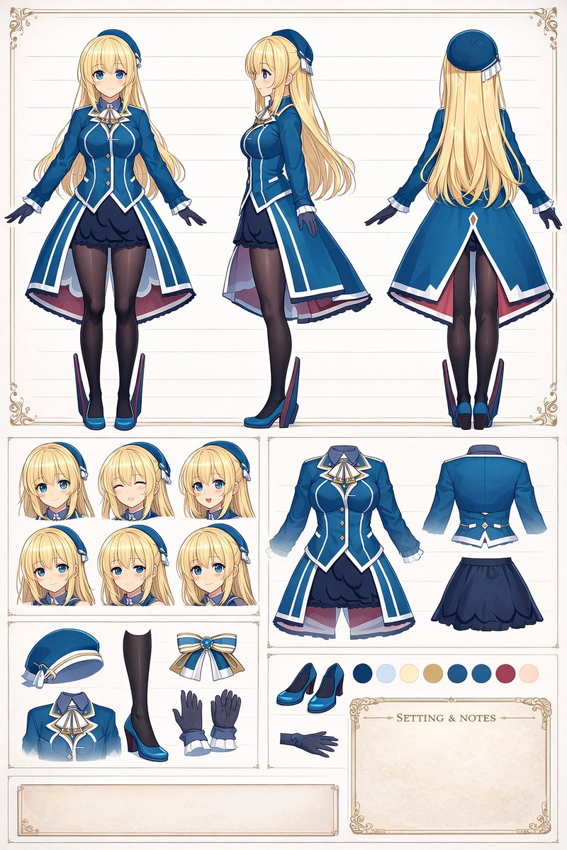 AI Prompt for Anime Character Reference Sheet with Turnarounds, Expressions, and Outfit Ideas