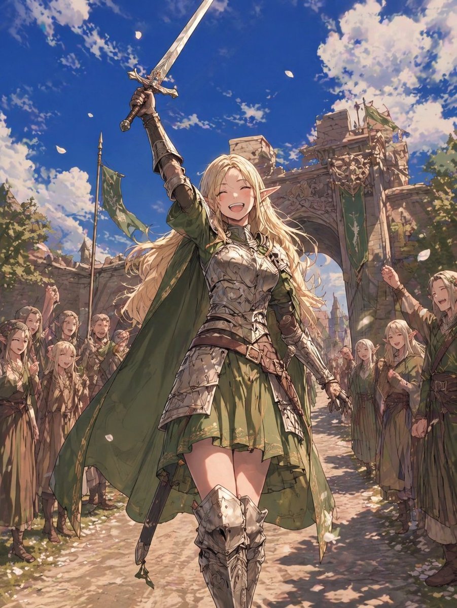 AI Prompt for Anime Elf Knight Scene - Saluting Crowd Fantasy Illustration