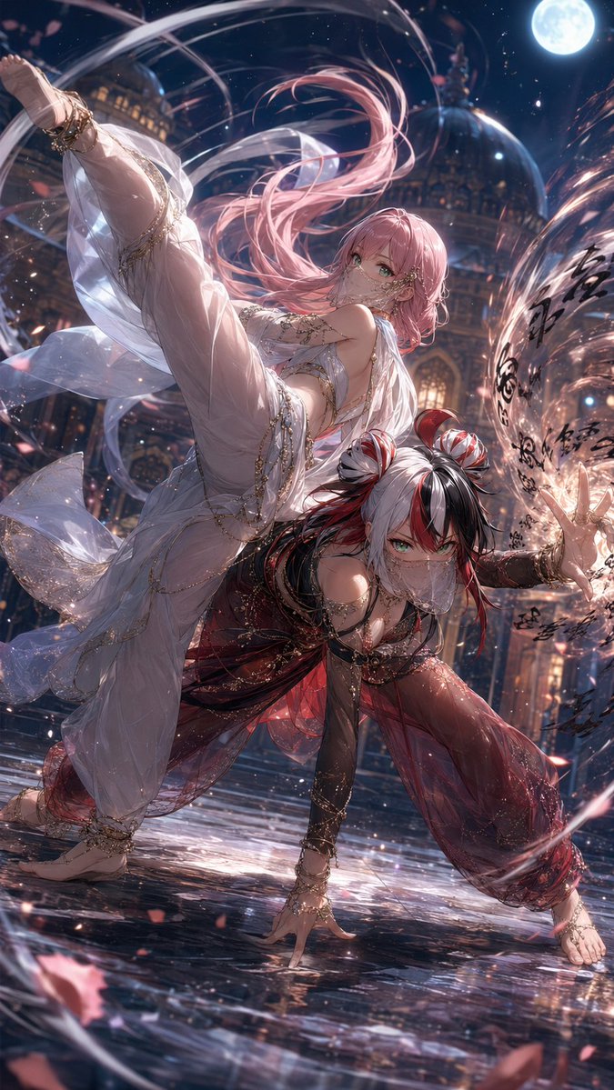 AI Prompt for Anime Fantasy Illustration: Moonlit Palace Dancer Duel Scene