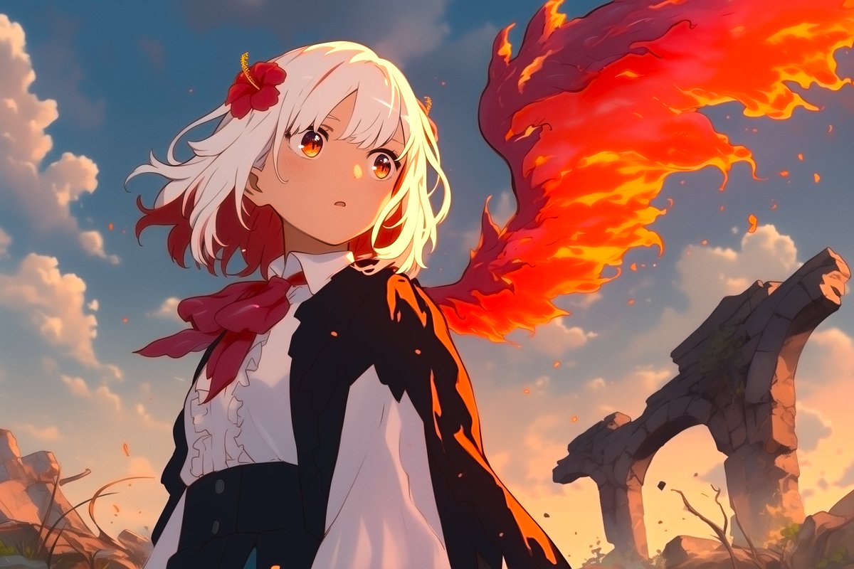 AI Prompt for Anime Phoenix Girl Fantasy Character in Ruined Sunset Scene