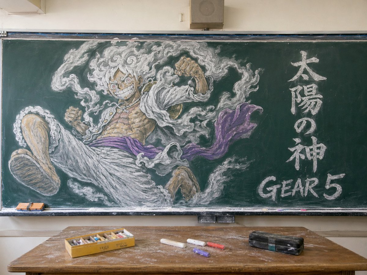 AI Prompt for Anime-Themed Classroom Mural with Gear 5 Luffy Chalkboard Art
