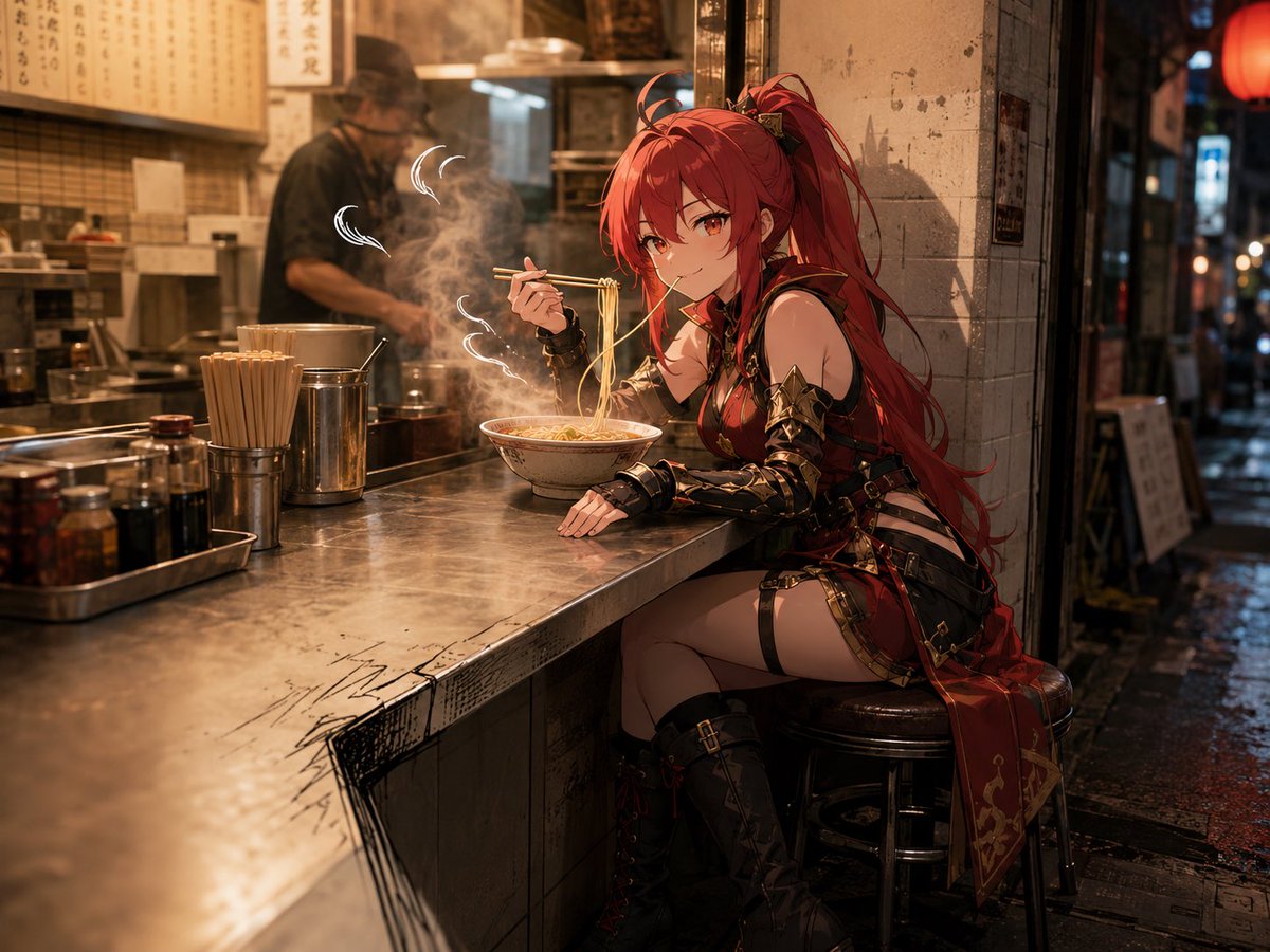AI Prompt for Anime Warrior Enjoying Late-Night Ramen in Moody Japanese Street Food Shop