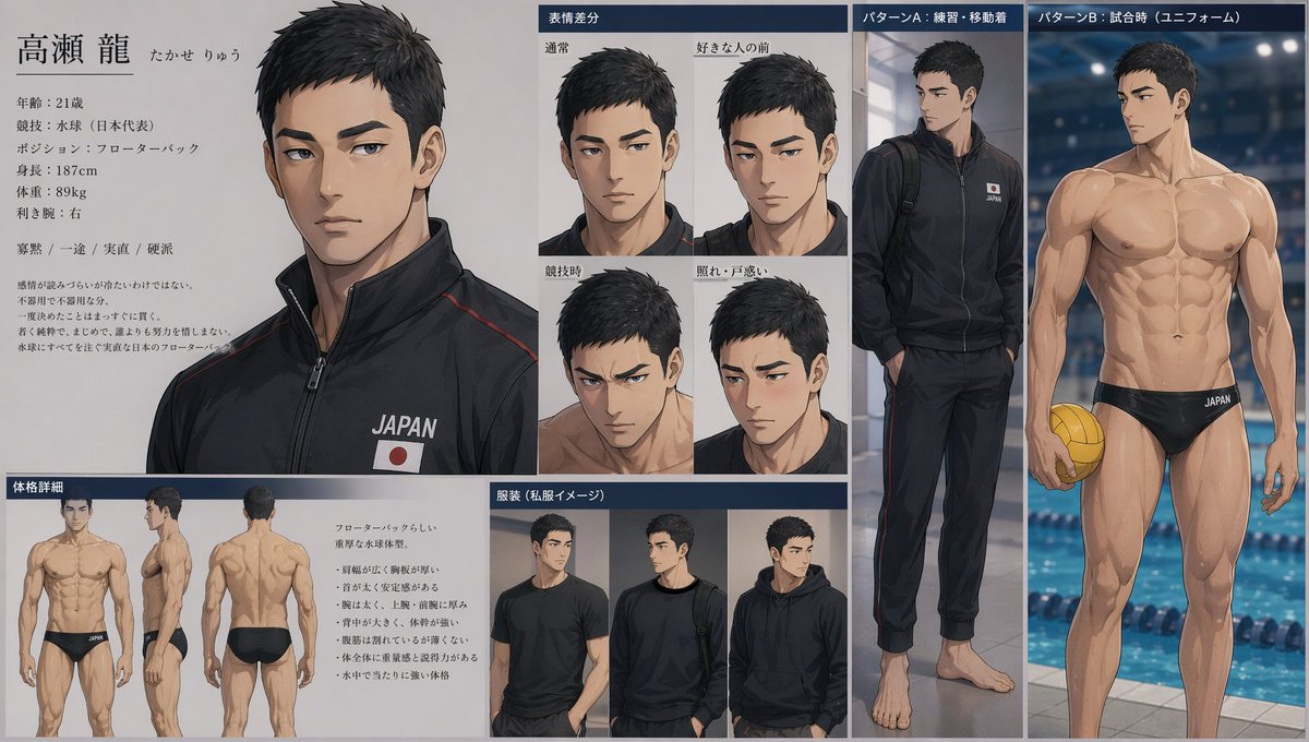 AI Prompt for Anime Water Polo Character Design Reference Sheet