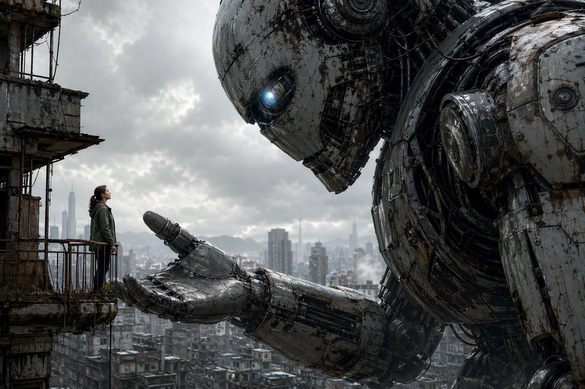 AI Prompt for Capable Cyberpunk Landscape with Giant Robot and Woman