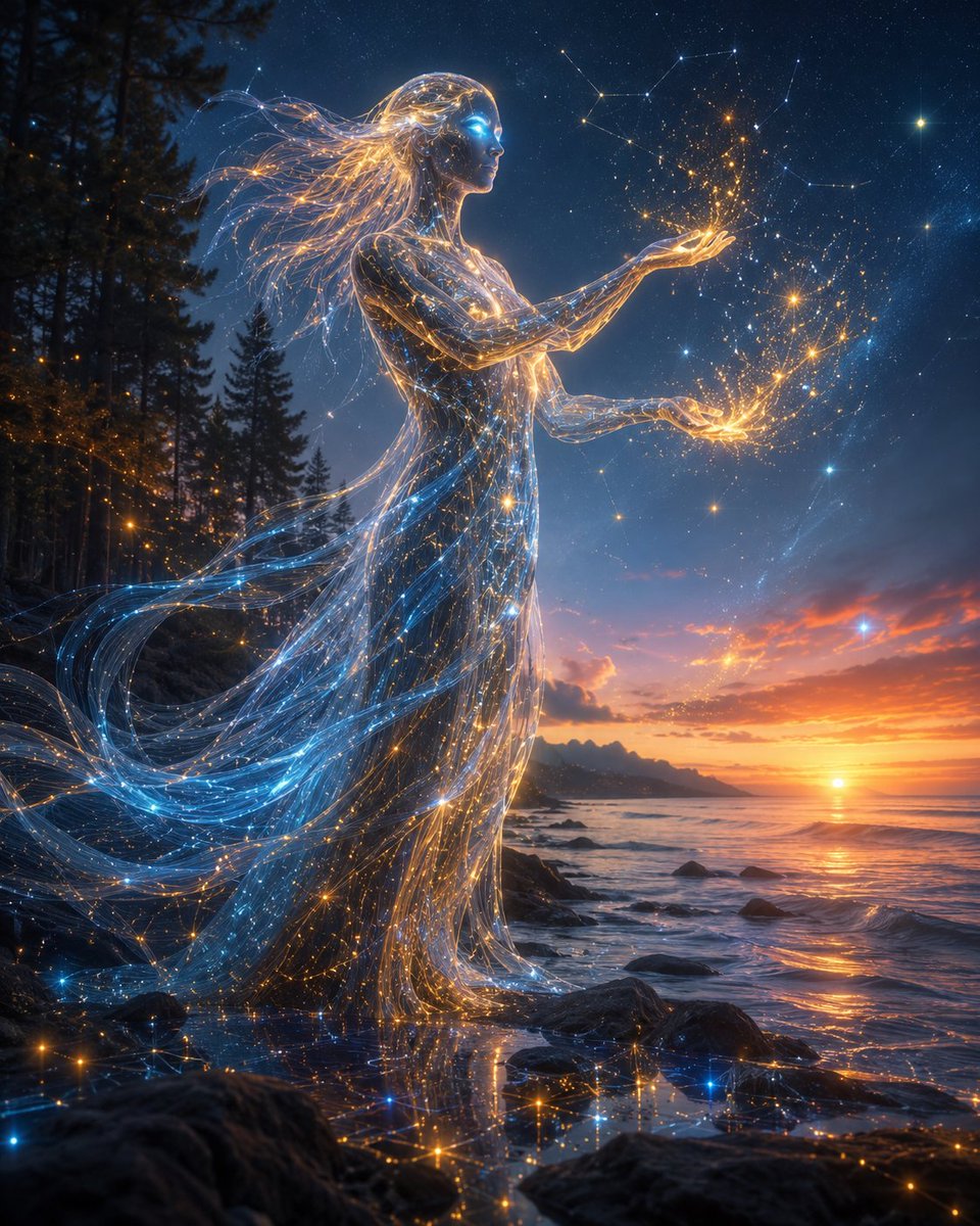 AI Prompt for Celestial Cyberpunk Spirit Generator with Sunset Landscape