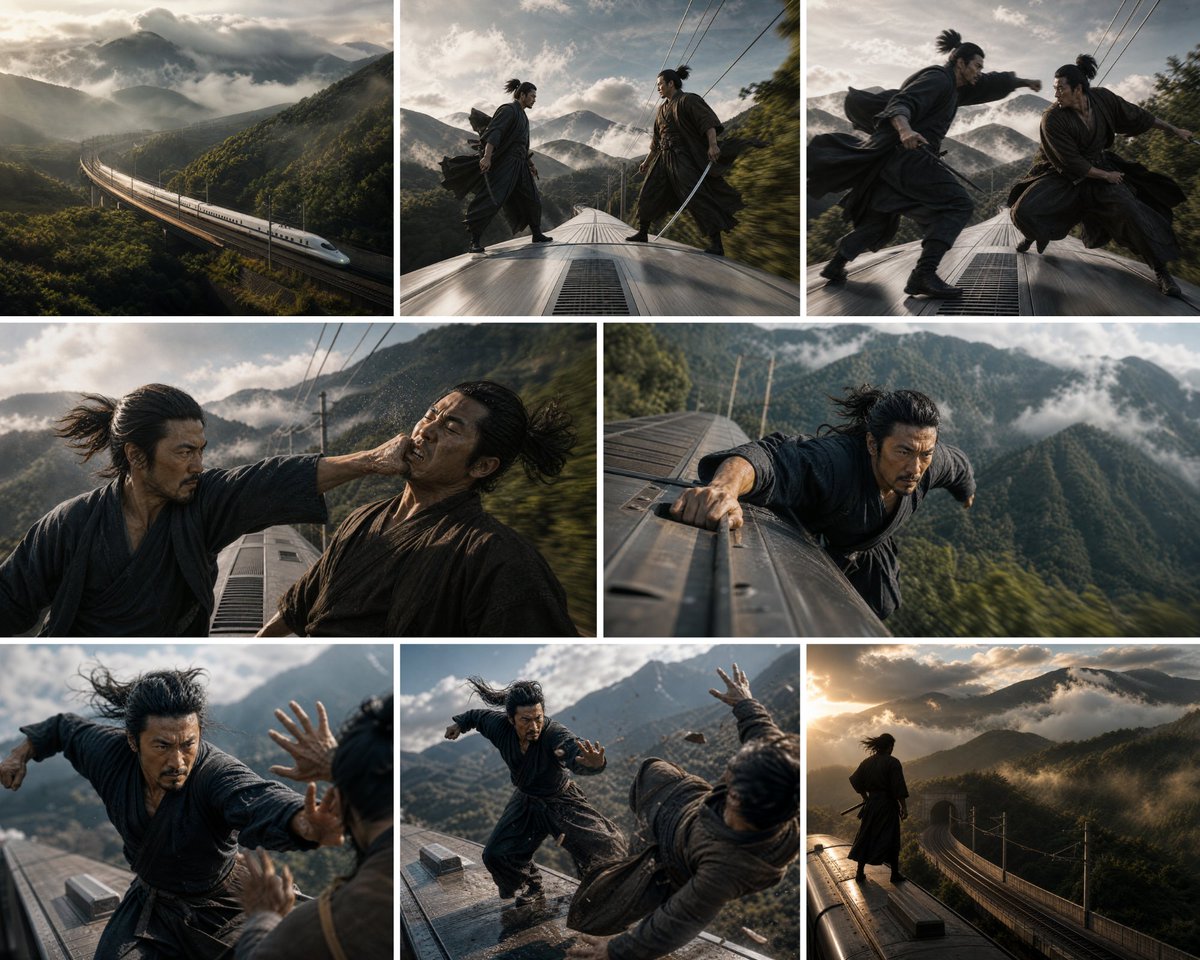 AI Prompt for Cinematic Action Storyboard with Samurai Fighters on a Bullet Train