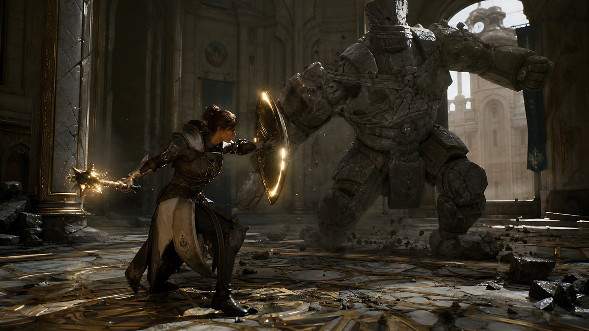 AI Prompt for Cinematic Fantasy Art: Armor-clad Heroine vs Giant Stone Golem