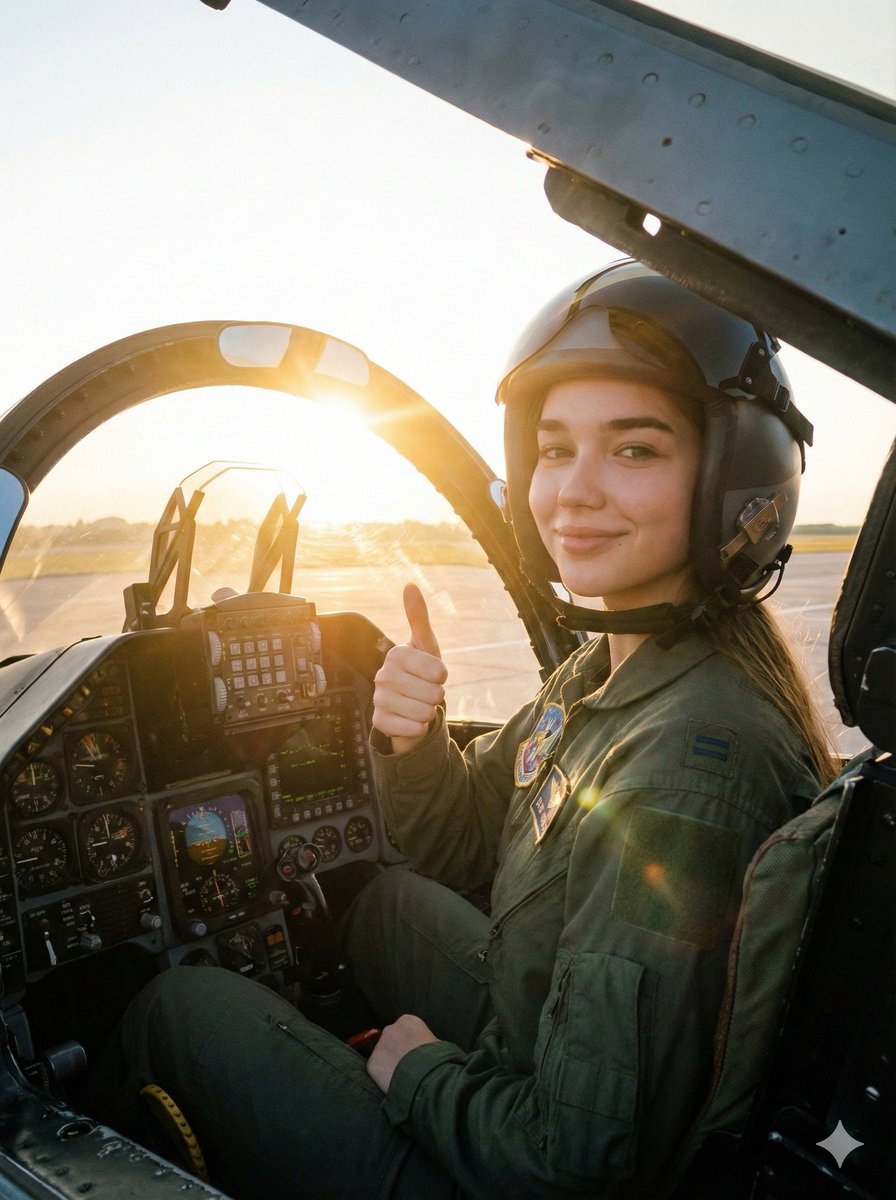 AI Prompt for Cinematic Female Fighter Pilot Portrait at Sunset