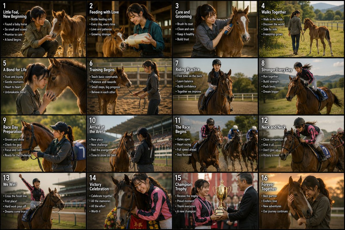 AI Prompt for Cinematic Horse Racing Storyboard with Woman and Foal