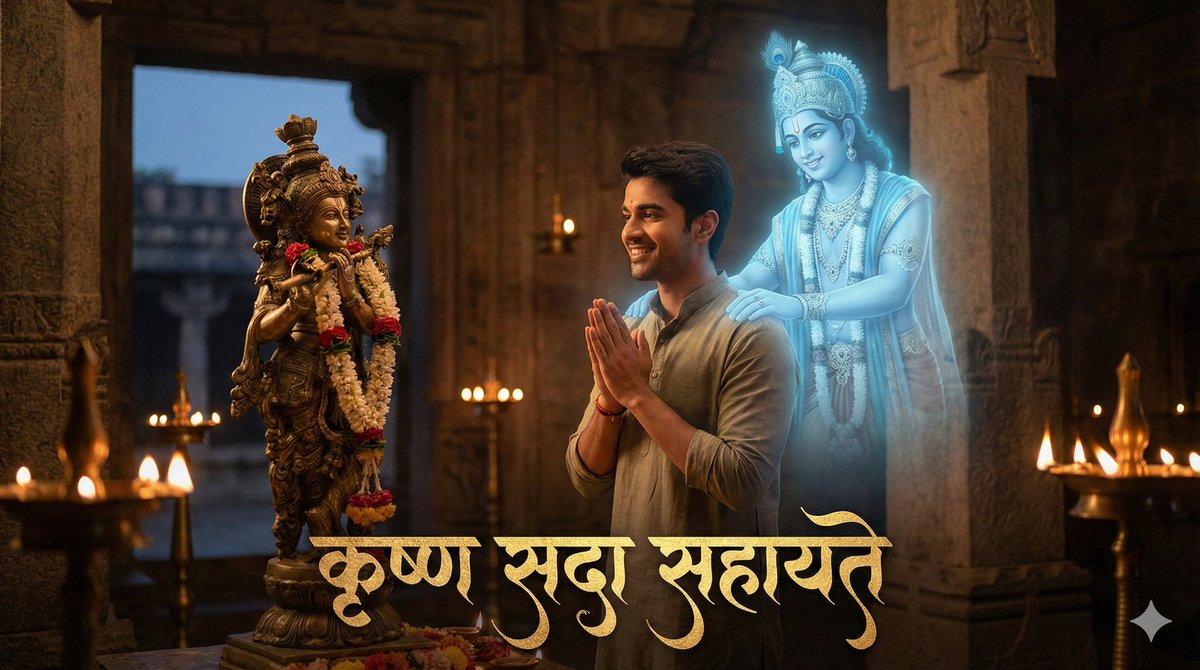 AI Prompt for Cinematic Indian Male Devotee and Holographic Krishna Scene