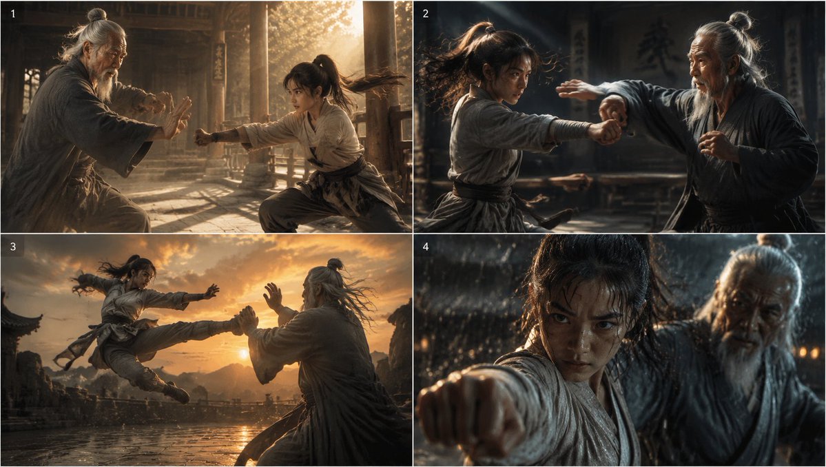 AI Prompt for Cinematic Kung Fu Sparring Grid Image with Elder Master and Young Fighter