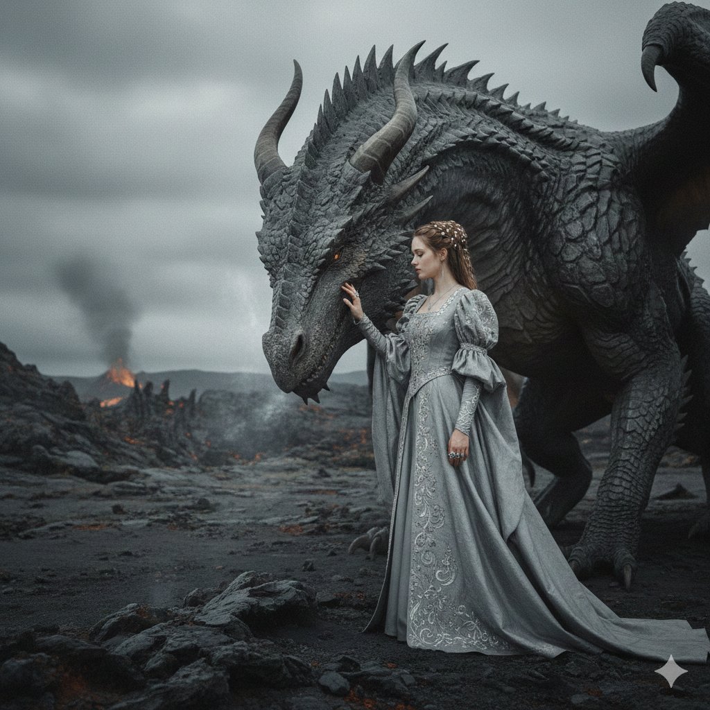 AI Prompt for Cinematic Medieval Female Portrait with Dragon in Volcanic Landscape