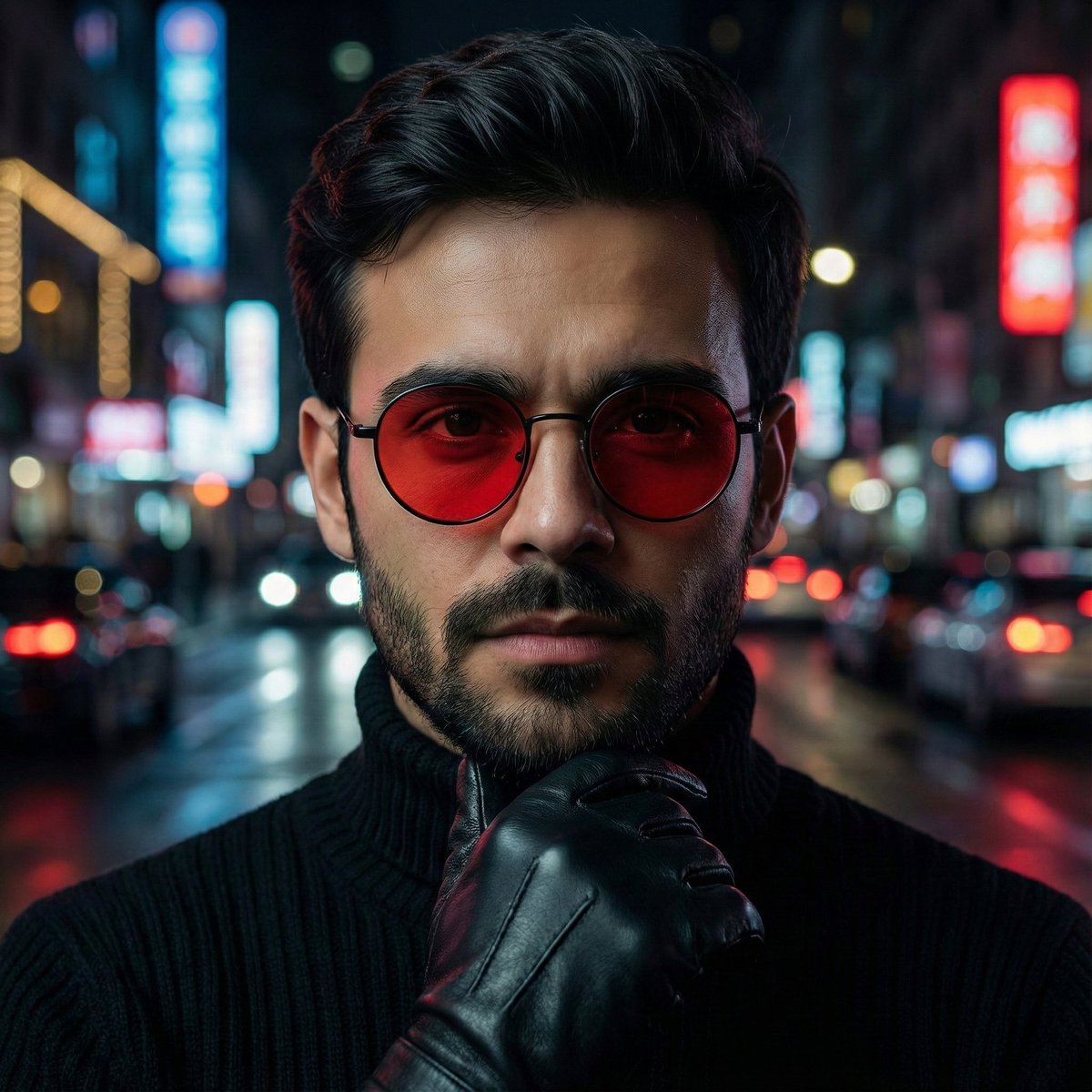 AI Prompt for Cinematic Portrait with Red-Tinted Glasses