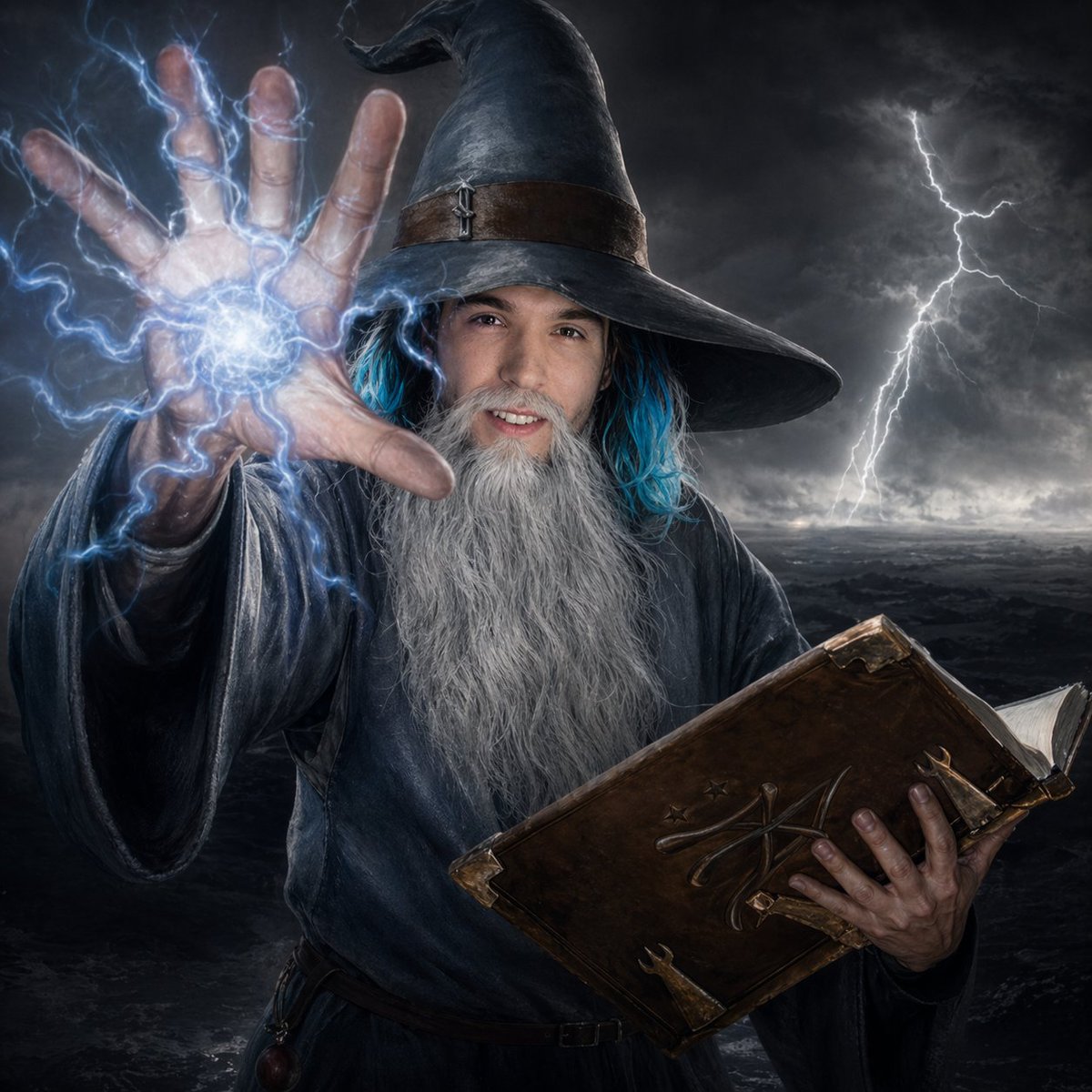 AI Prompt for Cinematic Storm Wizard Portrait with Magical Lighting
