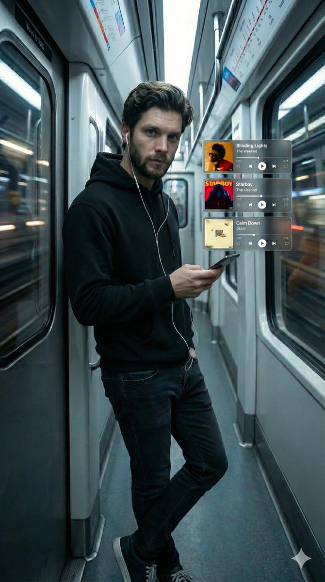 AI Prompt for Cinematic Subway Music Player Portrait with Holographic UI Effect