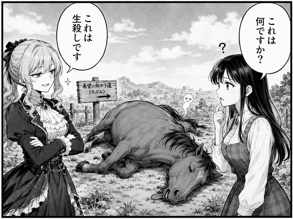 AI Prompt for Comedic Manga Scene with Collapsed Horse