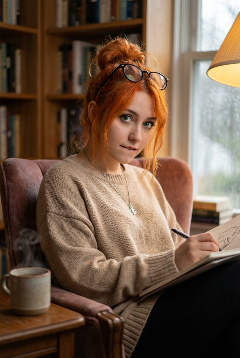 AI Prompt for Consistent Character Portrait with Copper Hair in Cozy Library Setting