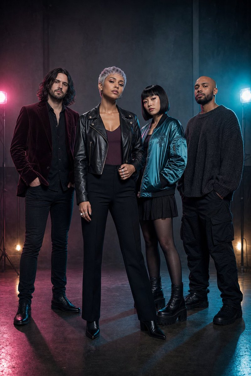AI Prompt for Creating a Fictional Synth-Rock Band Group Photo