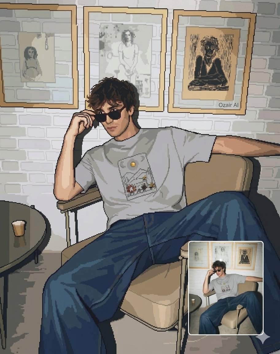 AI Prompt for Creating a Stylish Pixel Art Portrait of a Man in a Modern Armchair