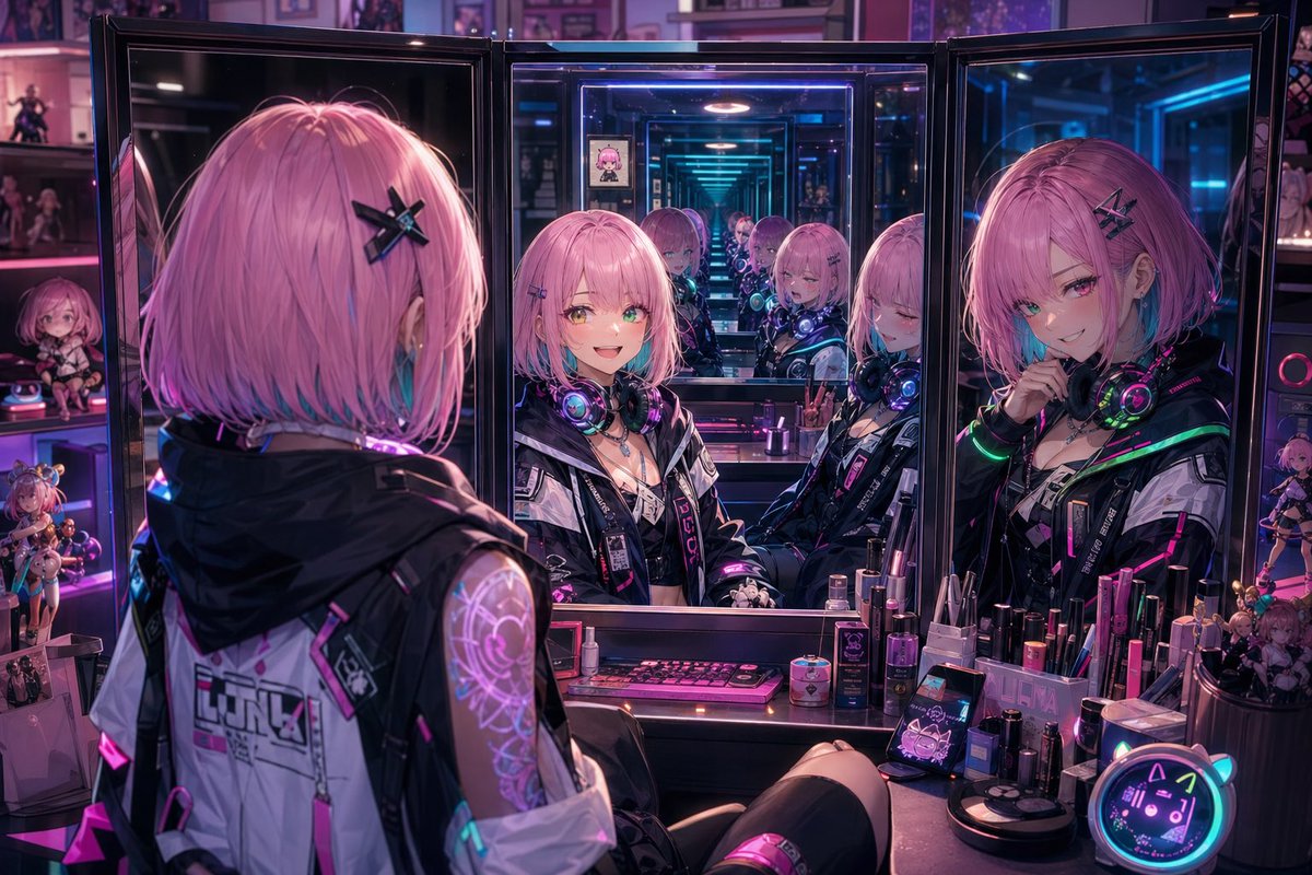 AI Prompt for Cyberpunk Anime Vanity Mirror Scene Generation