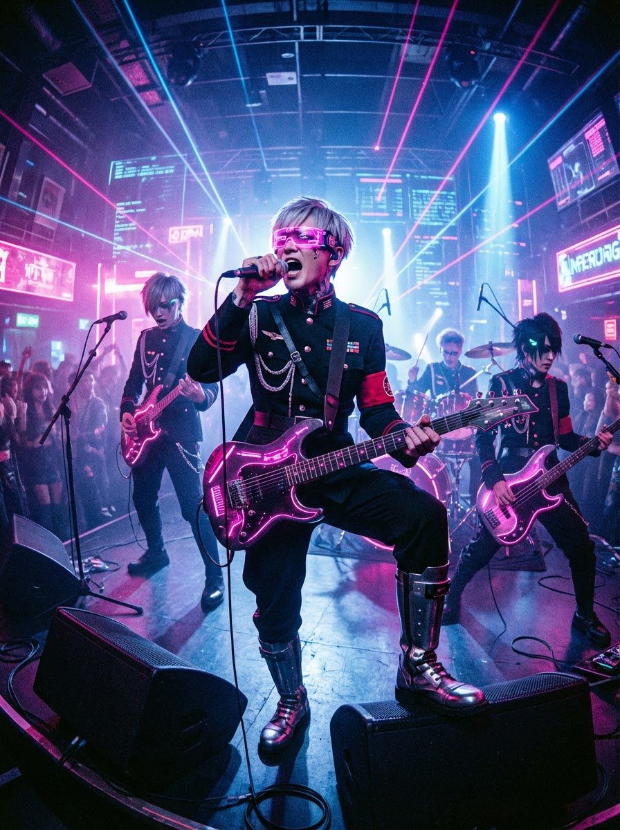 AI Prompt for Cyberpunk Inspired Visual Kei Band Performance Poster