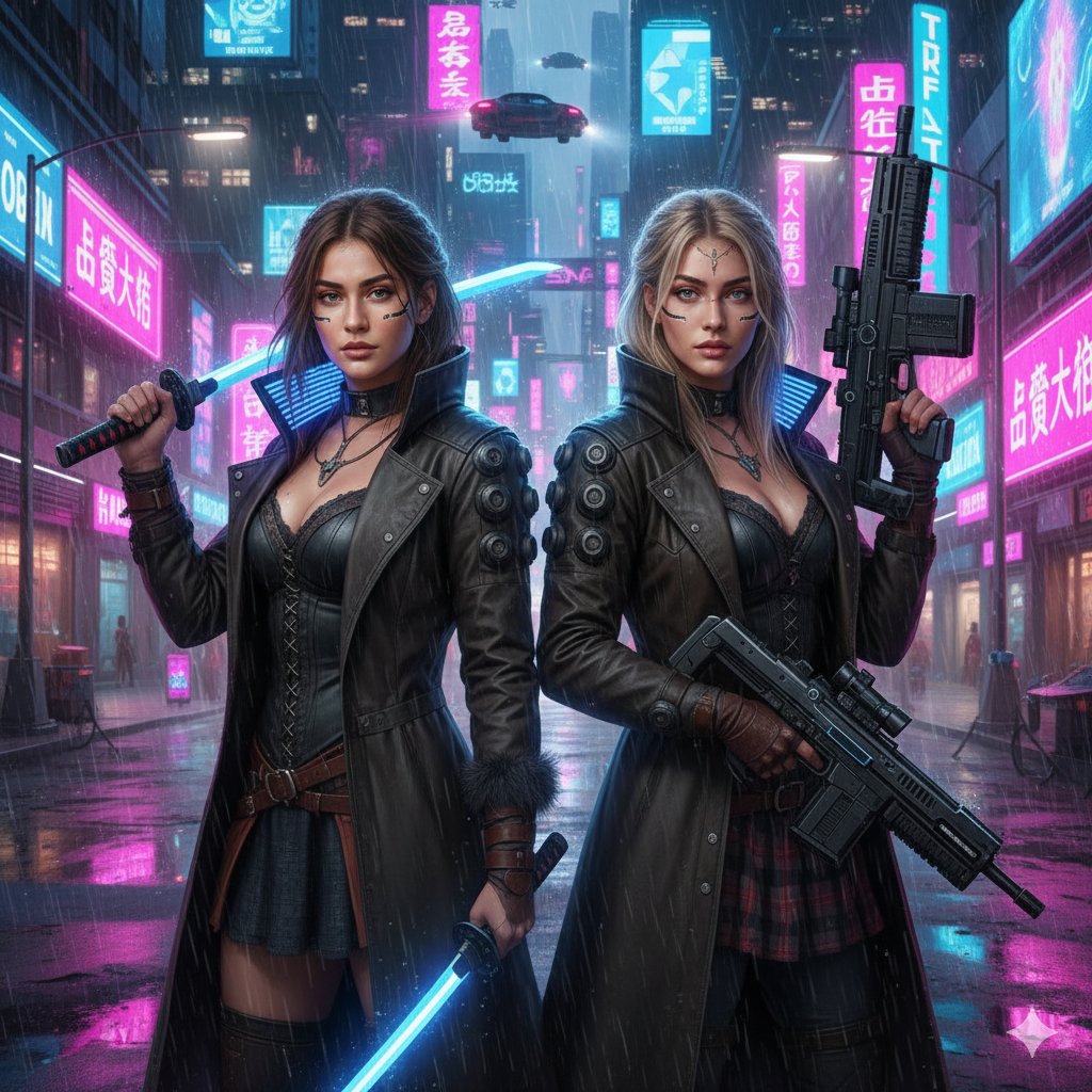 AI Prompt for Cyberpunk Motorcycle Scene with Mercenary Women