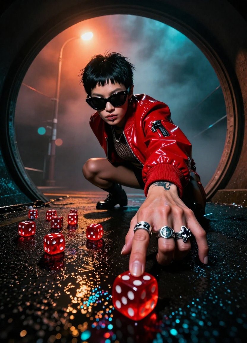AI Prompt for Cyberpunk Neo-Noir Portrait in Extreme Worm's-Eye View