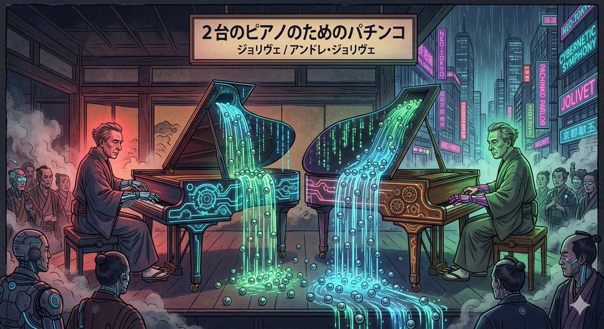 AI Prompt for Cyberpunk Pianists: Jolivet's Doppelgangers in 'Pachinko for Two Pianos' Style