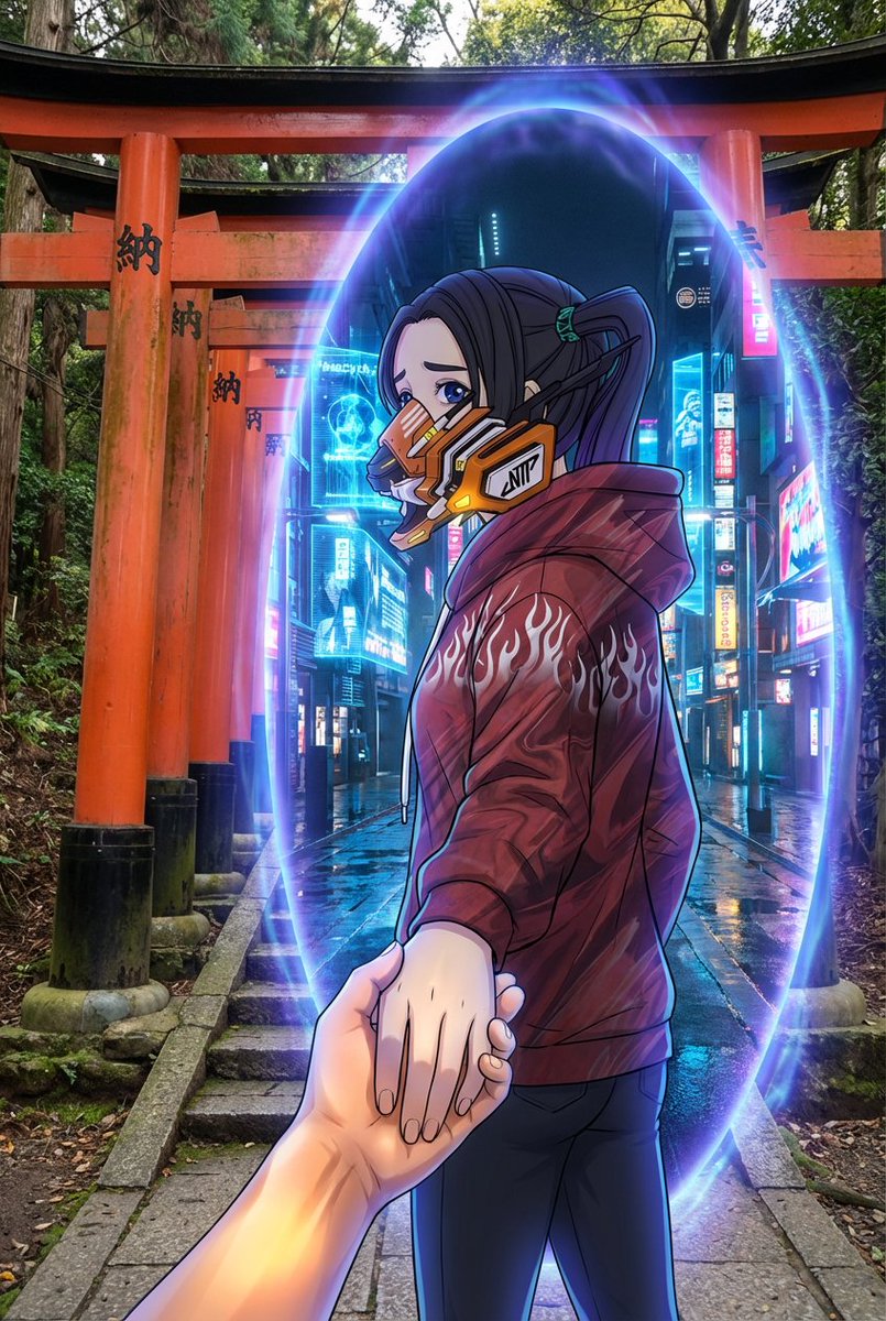 AI Prompt for Cyberpunk Portal Scene Generation with Anime Style Character