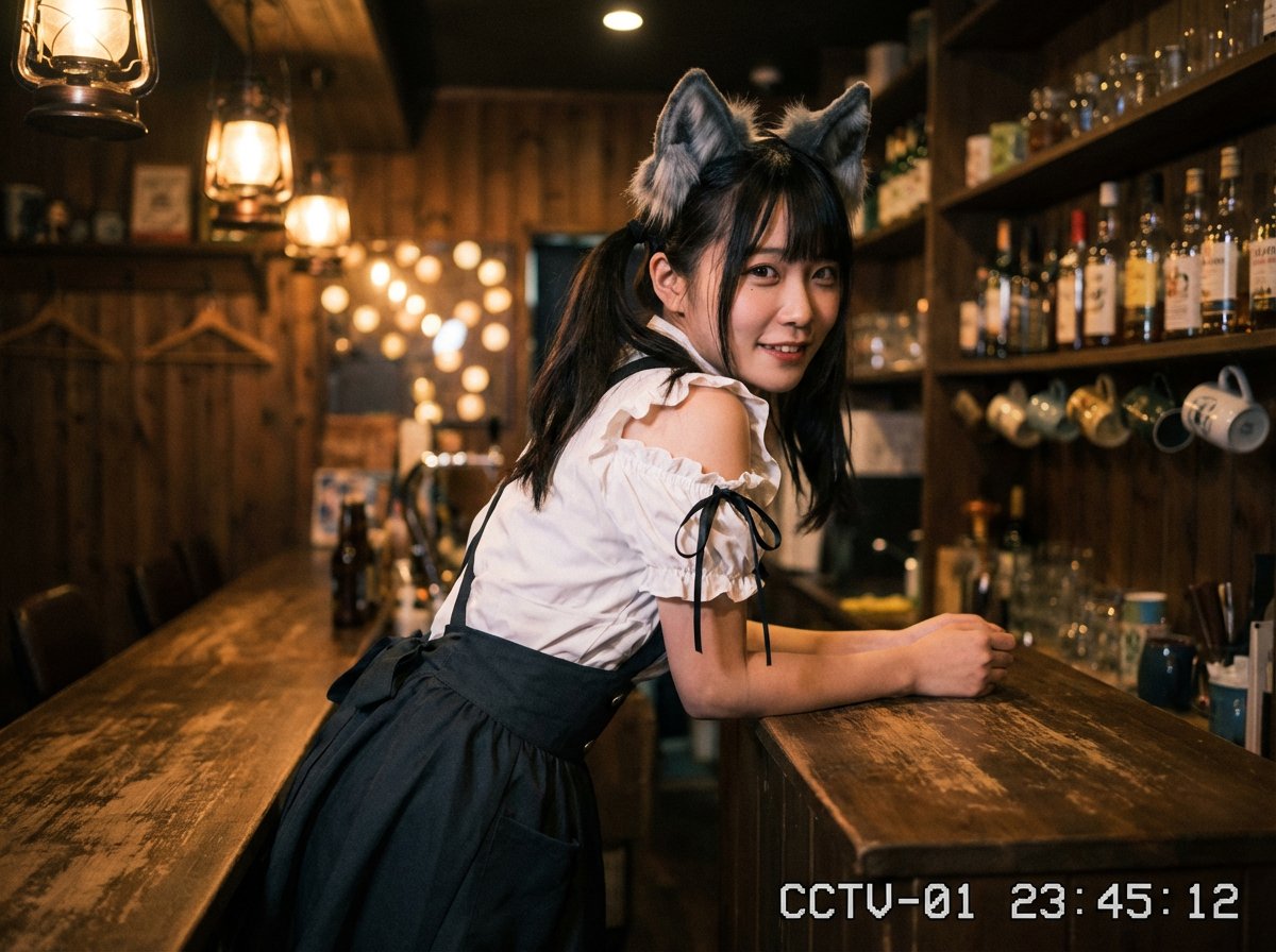 AI Prompt for Dark Chic Maid Café Portrait with CCTV Aesthetic