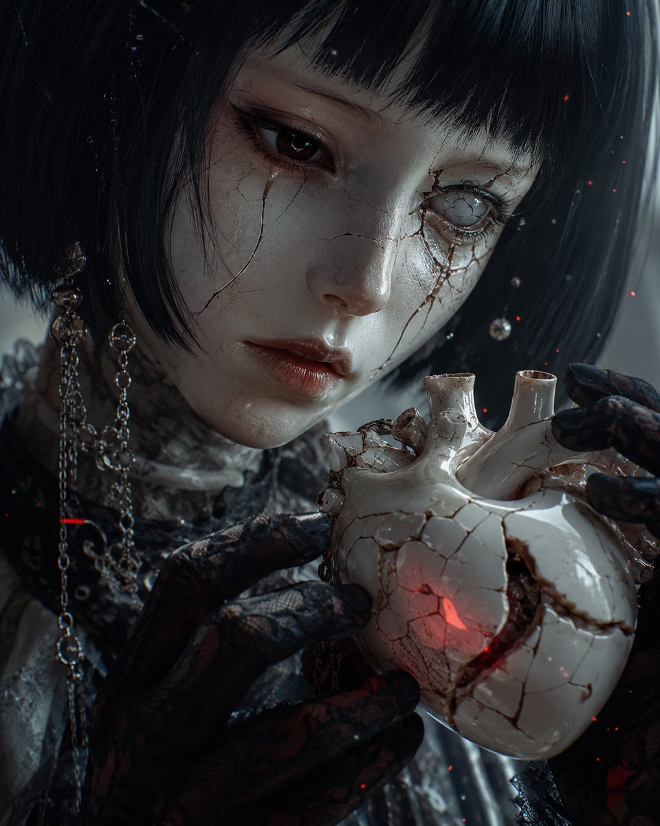 AI Prompt for Dark Fantasy Portrait of Cracked Porcelain Girl with Heart