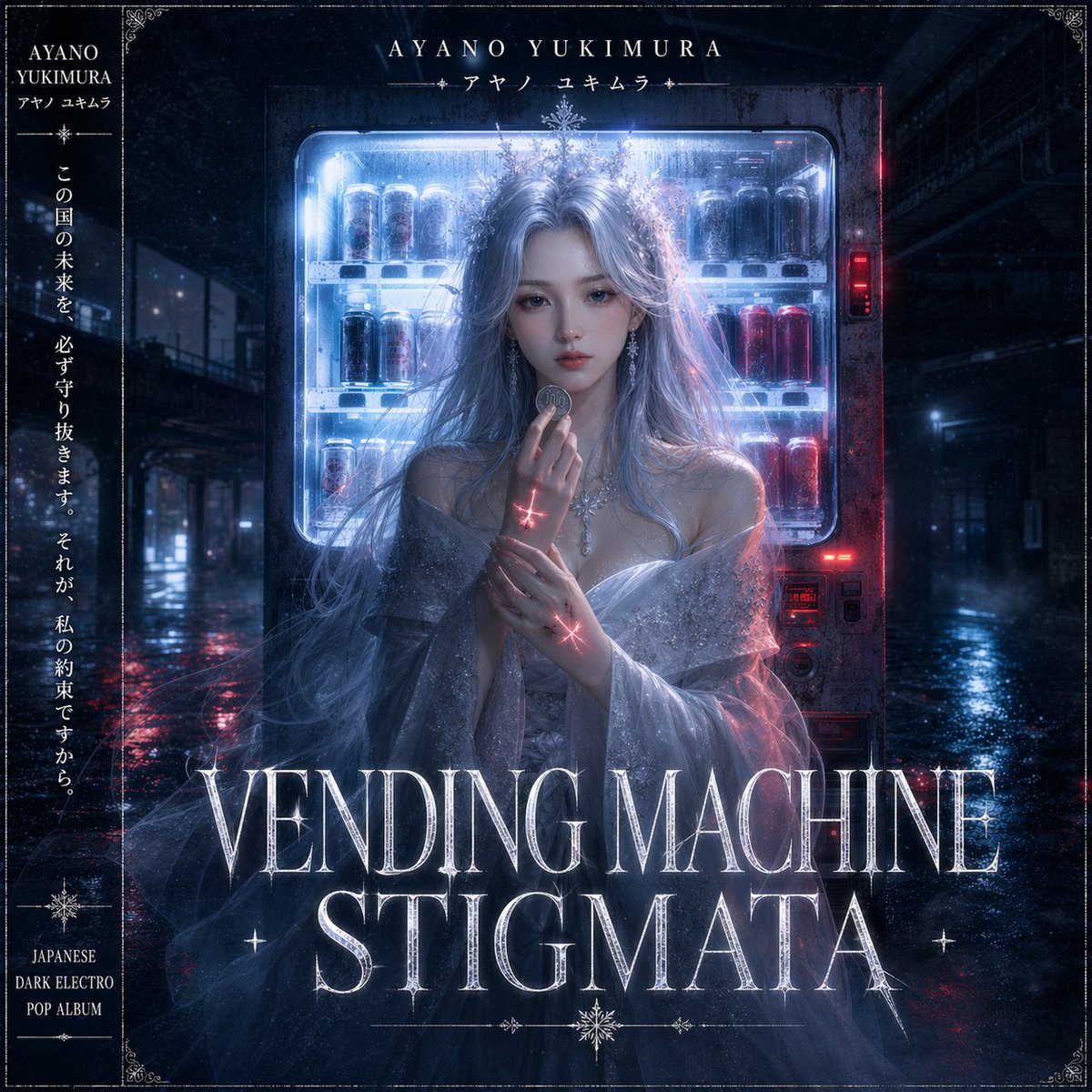 AI Prompt for Dark Japanese Electro Pop Album Cover with Fantastical Woman and Neon Vending Machine