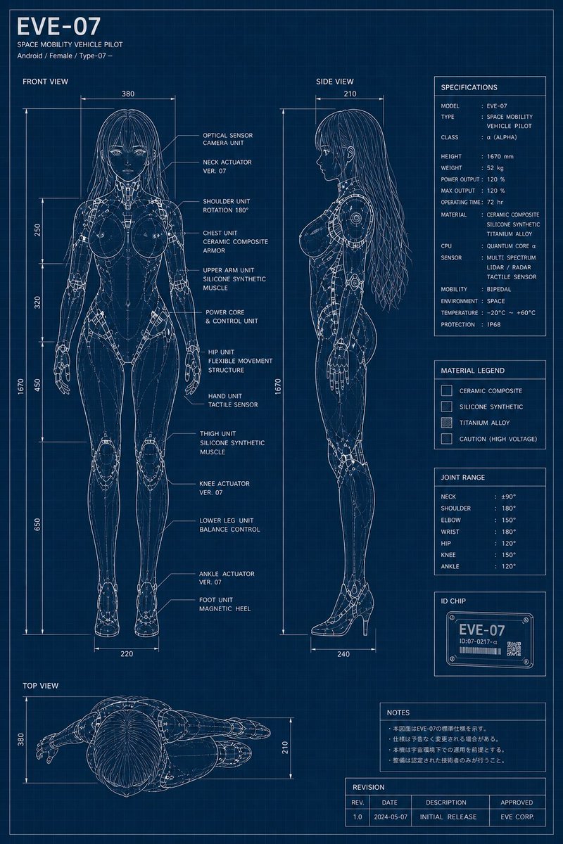 AI Prompt for Detailed Sci-Fi Android Orthographic Blueprint