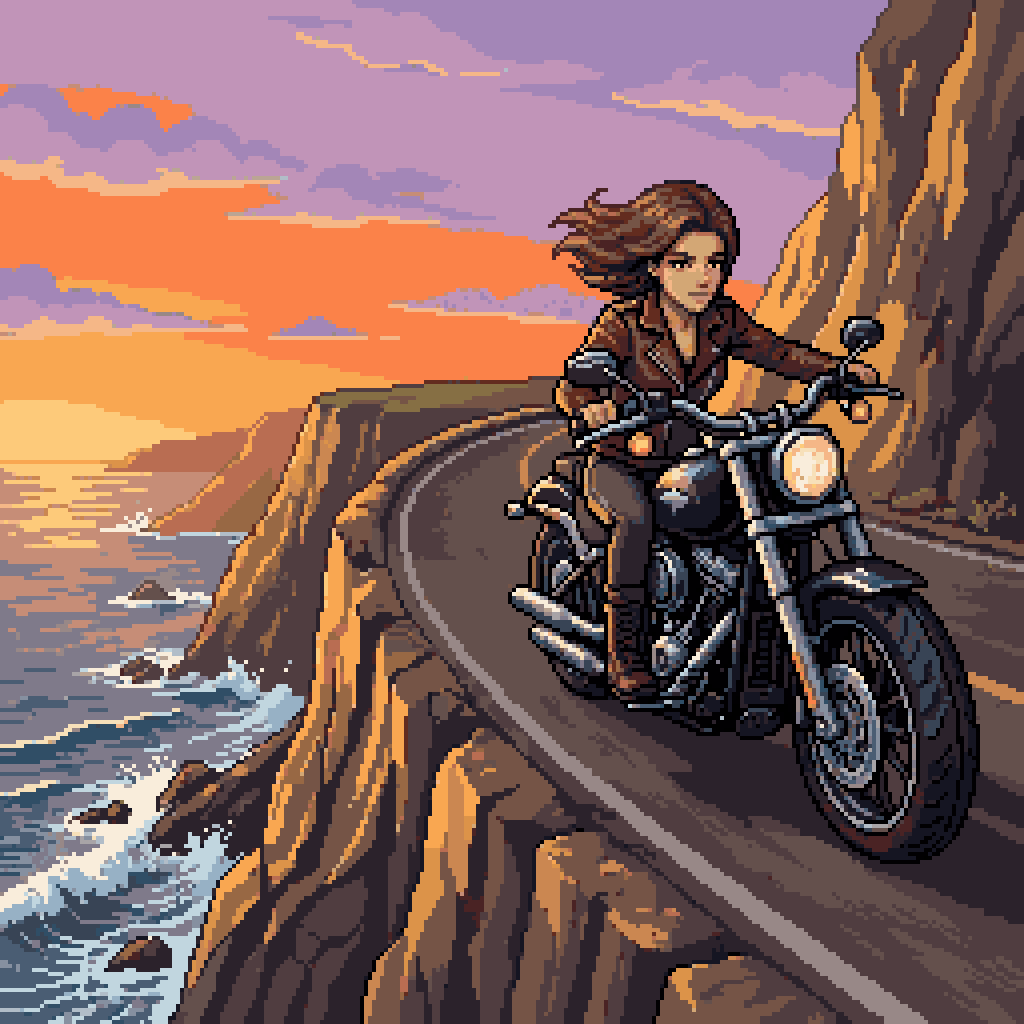 AI Prompt for Dynamic Coastal Pixel Art with Motorcycle and Woman