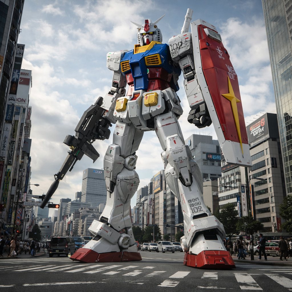 AI Prompt for Enhanced Gundam Model with Realistic Urban Background