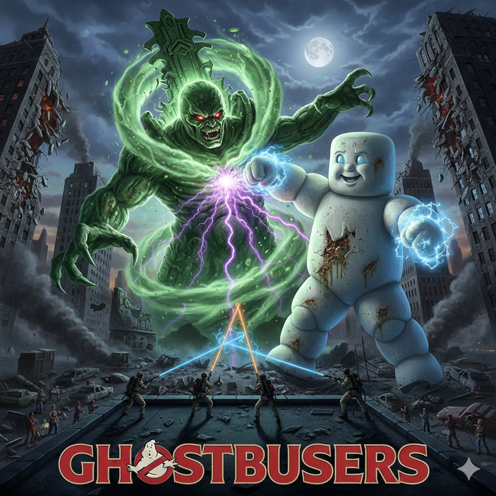 AI Prompt for Epic Ghostbusters Scene with Gozer and Stay Puft