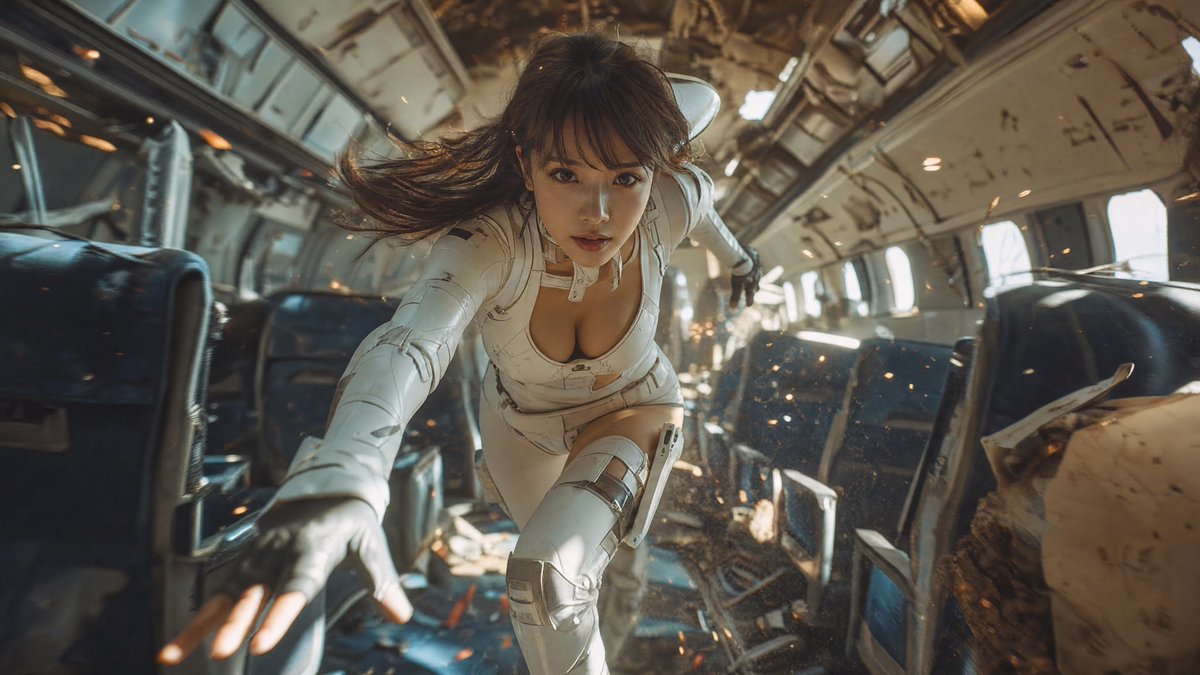 AI Prompt for Epic Sci-Fi Girl Action Scene: Futuristic White Combat Gear and Wrecked Plane