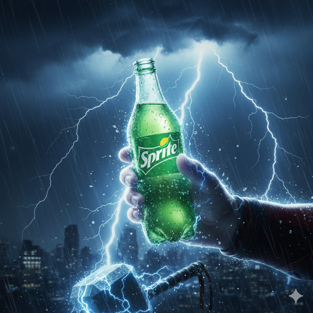 AI Prompt for Epic Thor Sprite Bottle 3D Render Poster
