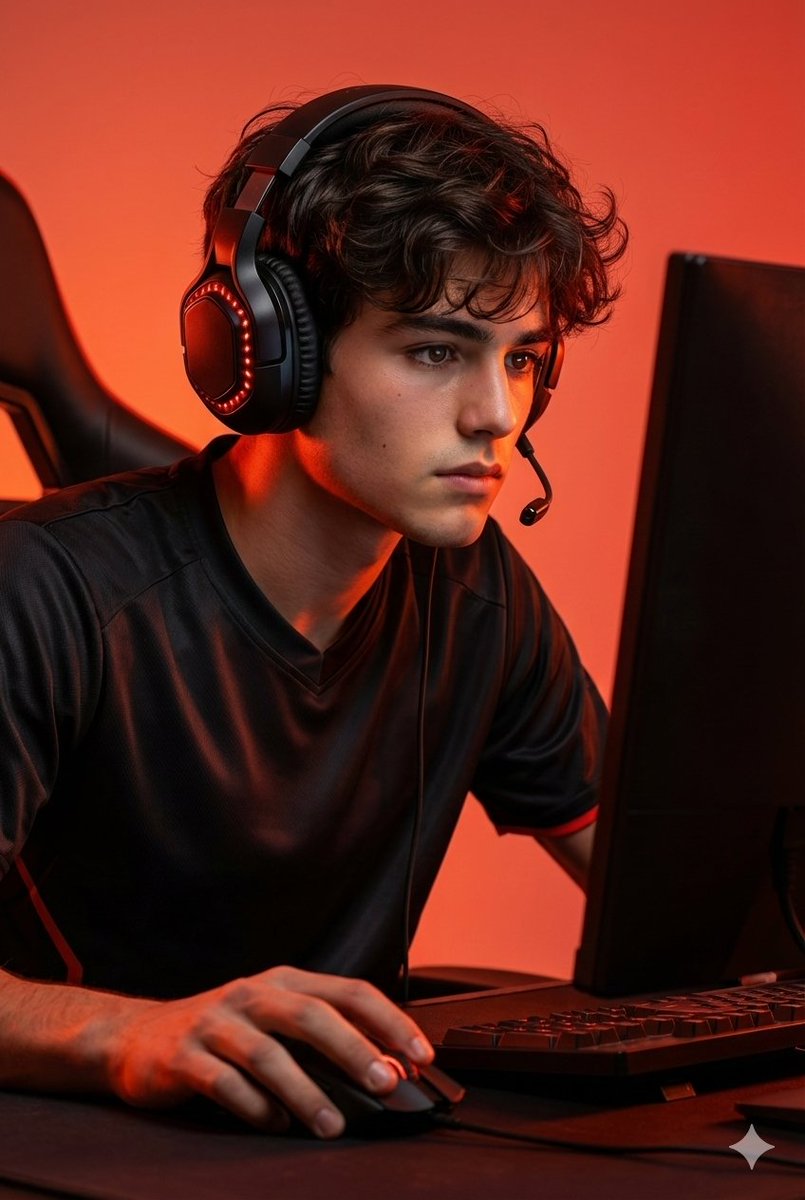 AI Prompt for Esports Gamer Portrait with Red-Orange Gradient Background