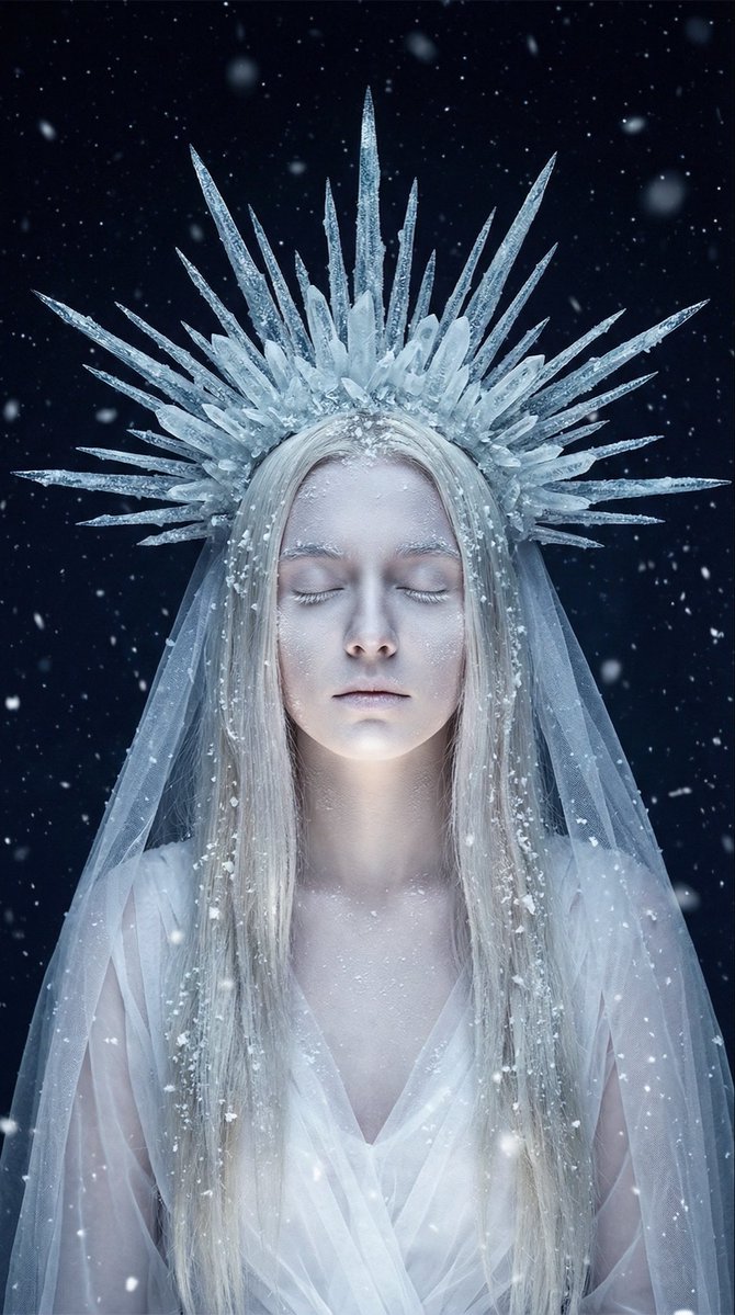 AI Prompt for Ethereal Winter Goddess Portrait with Frosty Hair and Ice Crown