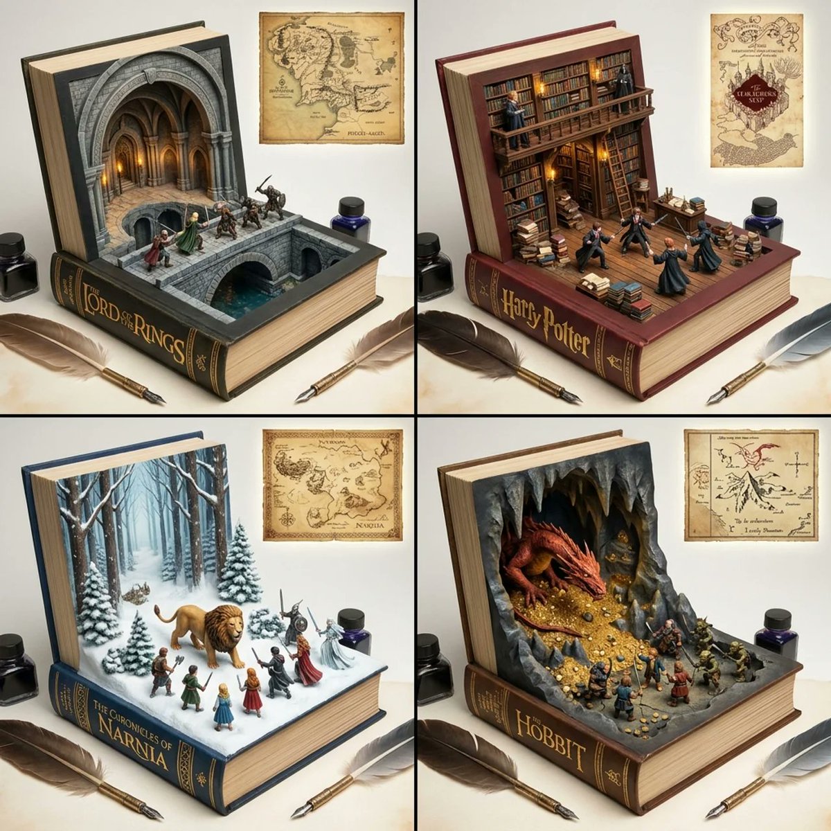 AI Prompt for Fantasy Book Dioramas: Whimsical 2x2 Grid of Magical Scenes