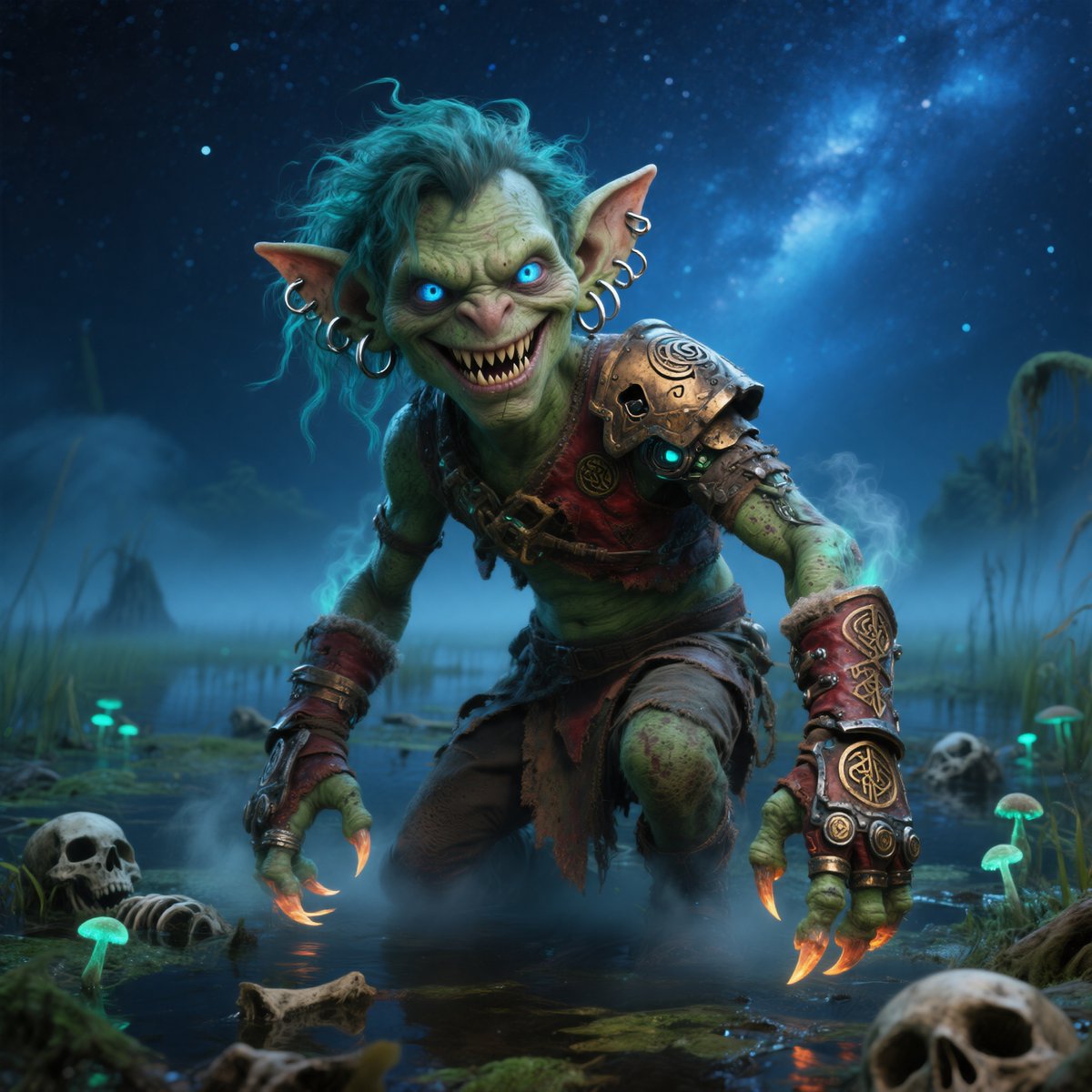 AI Prompt for Fantasy Goblin Warrior Illustration in Bioluminescent Swamp