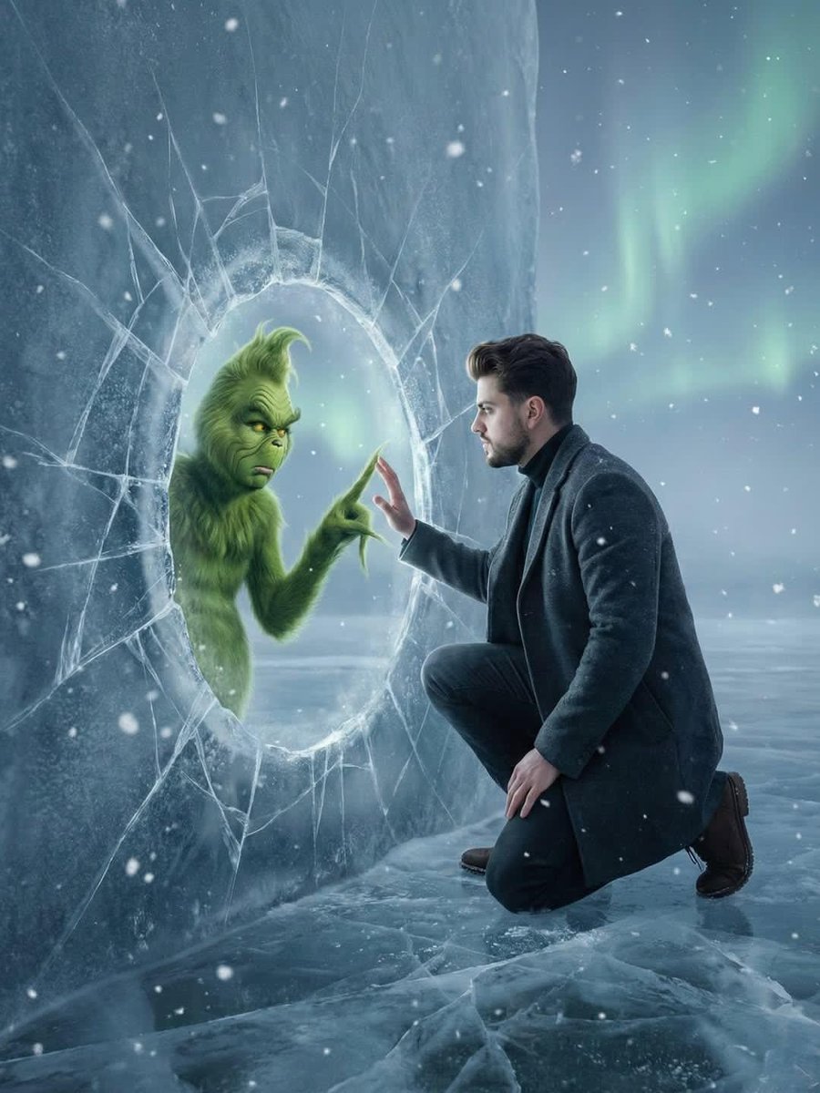 AI Prompt for Fantasy Scene Generation: Man and Grinch Reflection