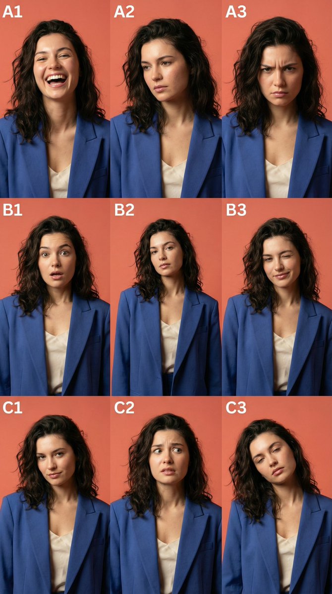 AI Prompt for Generating 3x3 Emotional Character Portraits in Fashion Photography Style