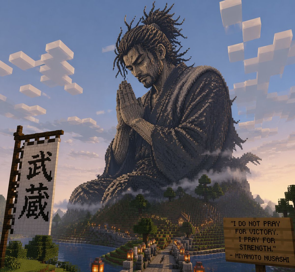 AI Prompt for Generating a Minecraft Character Design of Miyamoto Musashi as 3D Pixel Art